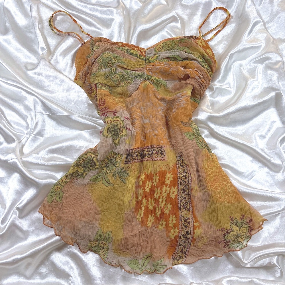 y2k Silk Camisole Orange Good Floral Paisley Ruched silk Chiffon Tank Top